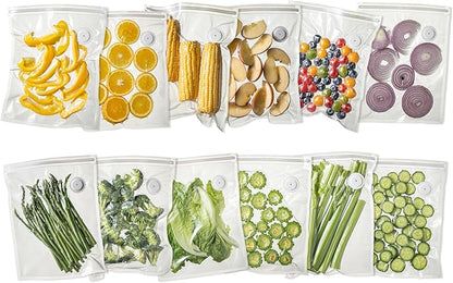 Vacuum Sealer Bags for Food, 12 PCS Reusable Sous Vide Bags BPA Free, Vacuum Zipper Bag with Universal Air Valve, Food Storage Bag for Meal Prep, Dishwasher Microwave & Freezer Safe