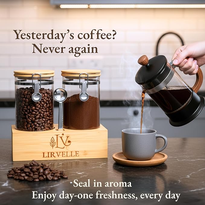 Airtight Coffee Canister with Scoop | Curated Glass Storage Set for Beans, Grounds & Sugar | 9-Piece Ritual Organizer with Bamboo Base, Versatile Artisan Spoon, Labels & Cleaning Brush