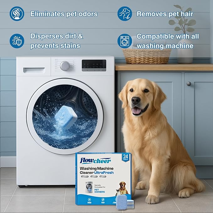 Washing Machine Cleaner Tablets, Septic Safe Descaler for Removing Pet Hair, Odors & Residue, For Pet Owners, HE Front Load & Top Load Washers, 24 Pack (1 Year Supply)