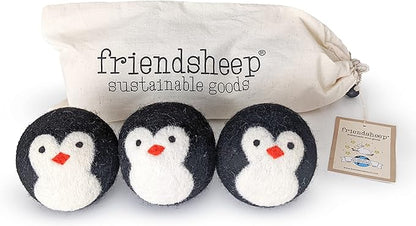 Friendsheep Wool Dryer Balls, Organic Reusable Fabric Softener Alternative for Laundry, Handmade, Fair Trade, Hypoallergenic, Eco-Friendly, Plastic-Free (3 Pack XL – Penguin)