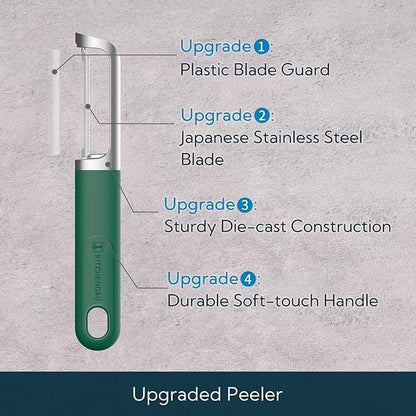 KITCHENDAO Swivel Vegetable Potato Peeler for Kitchen, Japanese Stainless Steel Sharp Blade, Heavy Duty Die-cast Construction, Built-in Eye Remover, Soft-touch Handle, Dishwasher Safe, Green