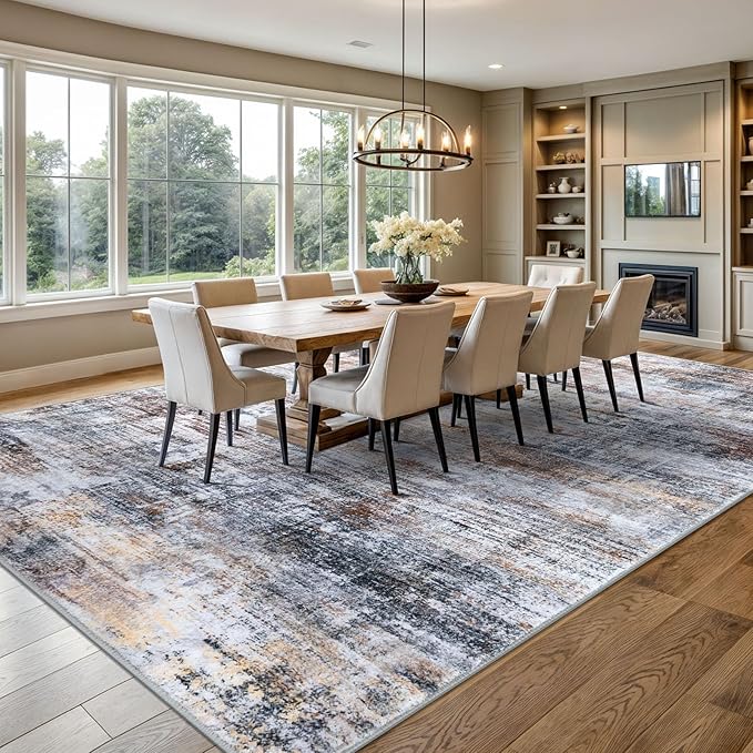 IOHOUZE Abstract Area Rugs 9x12 Ft Washable Large Rugs for Living Room, Non Slip Dining Room Rug, Printed Faux Wool Rugs for Bedroom, Floor Carpet for Office Nursery Playroom, Orange Grey