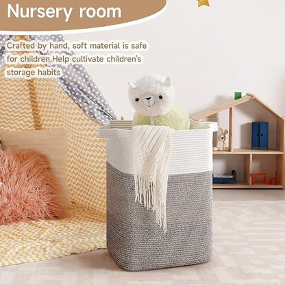 CLHMILY&Z 75L Laundry Hamper Rectangular Cotton Rope Basket - 16x13x22 Inches - Durable and Soft Storage Bin for Clothes, Toys, and Nursery Essentials, Brown & White