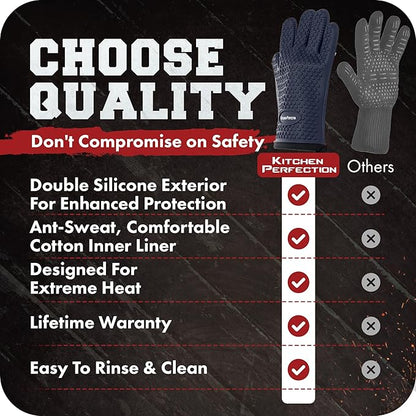 KITCHEN PERFECTION XL Silicone Smoker Oven Gloves-Extreme Heat Resistant BBQ Gloves-Handle Hot Food Right on Your Grill Fryer&Pit|Waterproof Grilling Cooking Baking Mitts|Superior Value Set+3 Bonuses