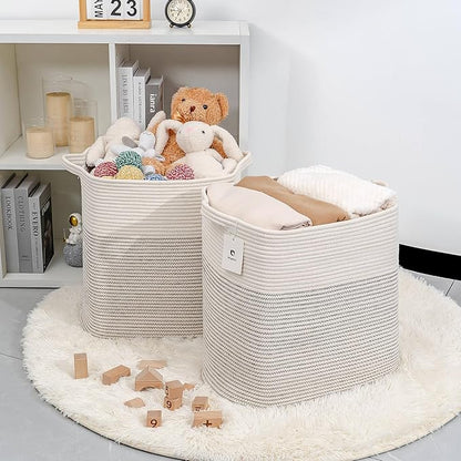 Storage Baskets for Clothes Fabric Cotton Rope Storage Basket bins with Handles, Decorative Woven Basket for Living Room,Closet Organizer Blankets Tall 2 bags White/Black Line, L14×W11×H14