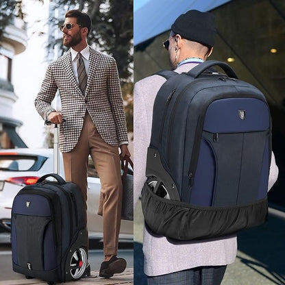 Rolling Backpack,Waterproof Backpack with Wheels for Business and Travel Commuter, Carry on Backpack with Laptop Compartment, Fit 17 Inch Laptop, Wheeled Backpack for Adults