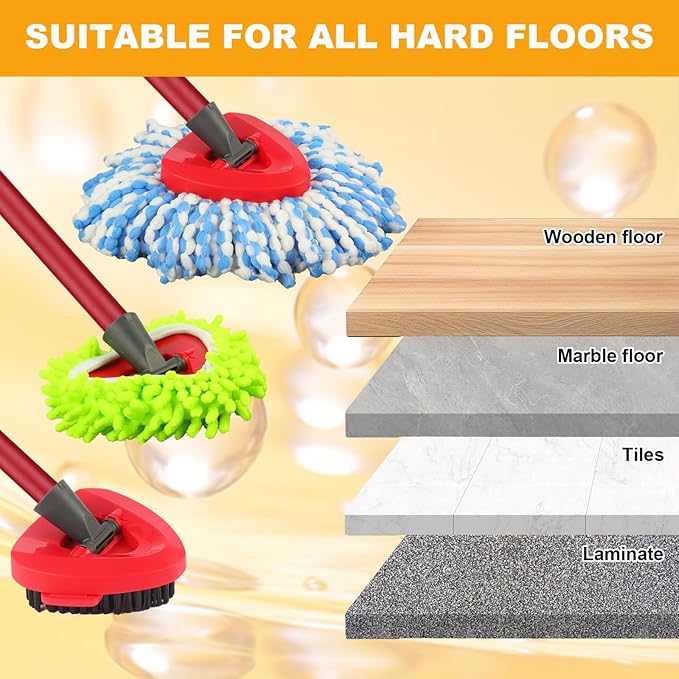 Mop Heads Replacements for OCedar RinseClean 2 Tank Spin Mop System, Mop Replace Head with 2 Microfiber Mop Head Refills, 2 Chenille Mop Pads,1 Scrub Brush, and 1 Mop Base Set Combo