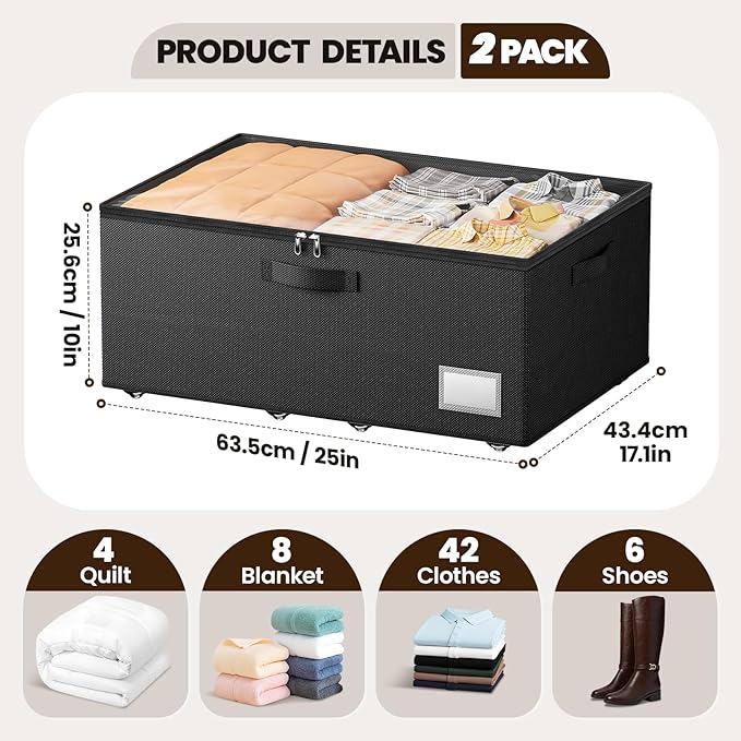 Underbed Storage with Wheels, 2 Pack Under Bed Storage Containers with Clear Lids, No Assembly Required 10.1 inch Rolling Under Bed Storage for Clothes, Blankets