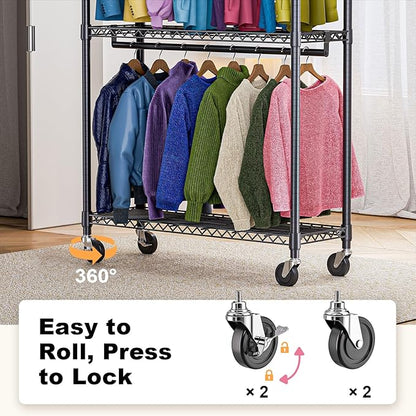 Heavy Duty Rolling Garment Rack 3 Tiers Adjustable Wire Shelving Clothes Rack with 2 Rods and Side Hooks,Storage Closet Clothing Rack with Wheels Black 15.7" D x 45.3" W x 79.6" H
