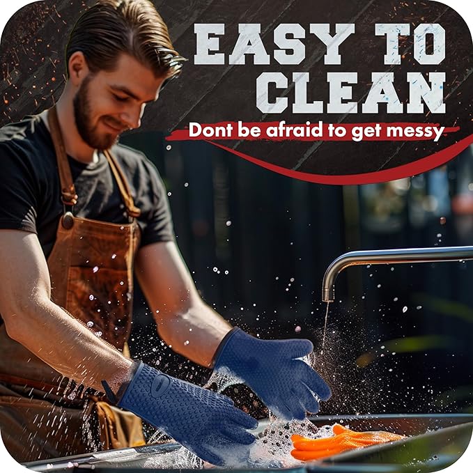 KITCHEN PERFECTION XL Silicone Smoker Oven Gloves-Extreme Heat Resistant BBQ Gloves-Handle Hot Food Right on Your Grill Fryer&Pit|Waterproof Grilling Cooking Baking Mitts|Superior Value Set+3 Bonuses