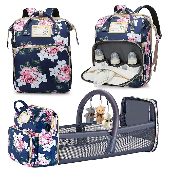 Diaper Bag Backpack with Changing Station, Foldable for Bady Toddler, 3 in 1 Large Capacity Newborn Essentials Organizer with Stroller Hook for Girls and Boys（Blue）