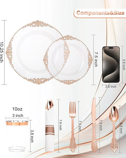 Nervure 350PCS Rose Gold Plastic Plates - Rose Gold Plastic Dinnerware Sets for 50 Guests - 100 Disposable Plates, 150 Silverware, 50 Cups, 50 Napkins for Wedding & Party