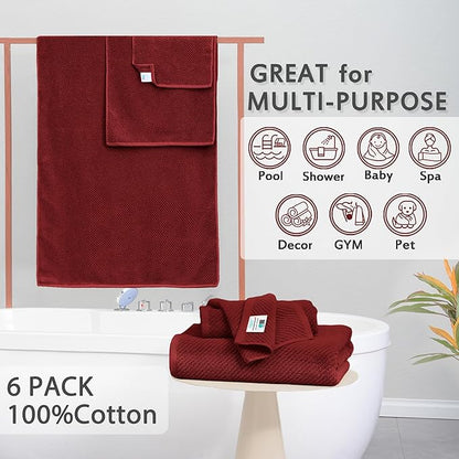 VOOVA & MOVAS Burgundy Towel Set - 100% Cotton | Lightweight | Soft | Quick Dry, 6 Piece Towel Set,2 Large Bath 30"x56", 2 Hand 18"x28", 2 Washcloths 13"x13", Towels Gift Set, Red Towels