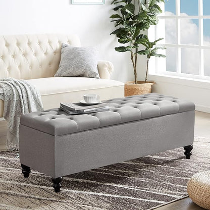 Storage Ottoman 50.2 Inches Upholstered Fabric Bench，Button Tufted for Living Room，Bedroom End of Bed Bench Withstands 303lbs (Grey)