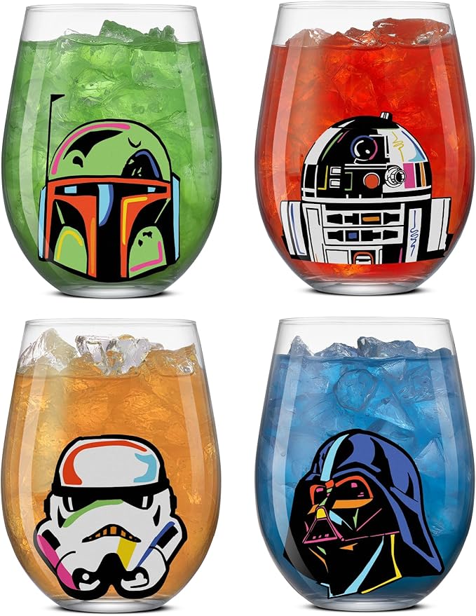 JoyJolt Star Wars Cosmic Color Stemless Drinking Glasses, 19oz Glass Cups ft Darth Vader, Stormtrooper, Boba Fett, R2-D2 - Star Wars Kitchen Glasses Set of 4, Gifts for Men, Women & Adults