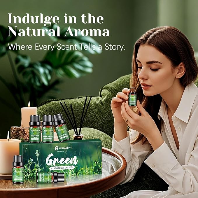 Fragrance Oils Set, Essential Oils for Diffuser for Home, Candle Sopa Making - Enchanted Forest, Willow and Ivy, Clover and Aloe, Fresh Bamboo, Scented Oil Gift Set