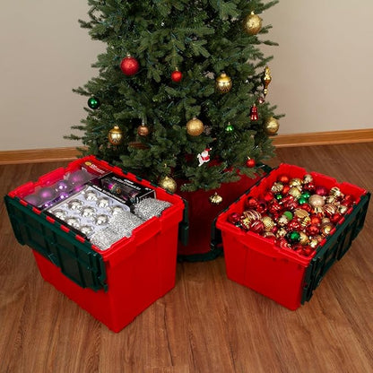 Akro-Mils KeepBox 18 Gallon Storage Container, Nesting and Stackable Plastic Storage Box with Lid Attached, Clear Tote for Garages, Closets, and Moving, 21" x 15" x 17", Red/Green