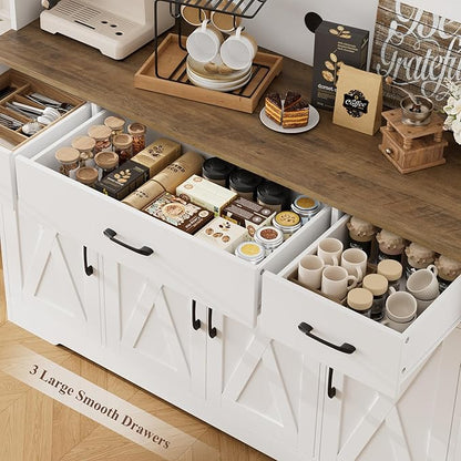 HOSTACK 71" Tall Kitchen Pantry Storage Cabinet with Charging Station, 55" Wide Kitchen Hutch Cabinet with Large Countertop, Farmhouse Food Pantry with Drawers for Living Room, White