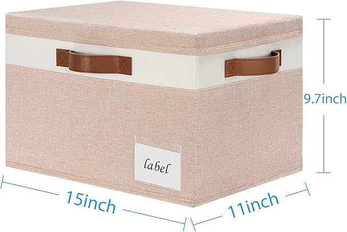 Large Storage Bins with Lids, Foldable Fabric Storage Baskets with Lids, Sturdy Storage Boxes with Labels and 3 PU Handles for Closet Home Bedroom Office (26L, 3 Packs, Pink&White)