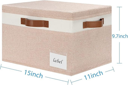 Large Storage Bins with Lids, Foldable Fabric Storage Baskets with Lids, Sturdy Storage Boxes with Labels and 3 PU Handles for Closet Home Bedroom Office (26L, 3 Packs, Pink&White)