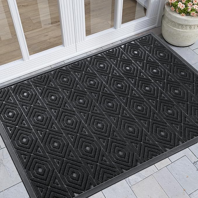 Yimobra Door Mat, Outdoor Indoor Entrance Welcome Mat, Heavy Entry Front Door Mat, Stain & Fade Resistant, Low Profile, Sturdy Rubber, Easy Clean Patio Floor Mat, Waterproof, 47 x 32, Black