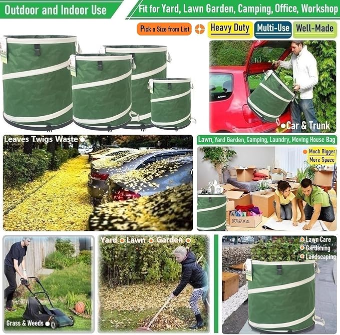 46-Gallon Collapsible Trash Can (22x28 in) Hard-Shell Bottom Yard Garden Bag for Yard Waste,Debris Container,Pop-Up Recycling Bin,Camping Waste Bag,Laundry Hamper,Lawn Grass,Leaf Bag,Sods,Weeds Barrel