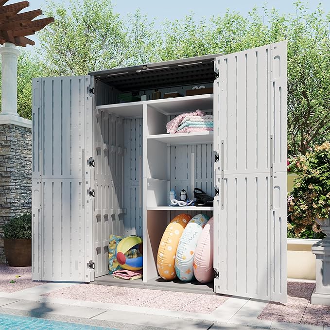 Aoxun 64 Cu.Ft Outdoor Storage Shed with Shelving Kit and Floor, Waterproof Horizontal Resin Cabinet for Trash Cans, Lawn Mowers, Generators, and Garden Tools