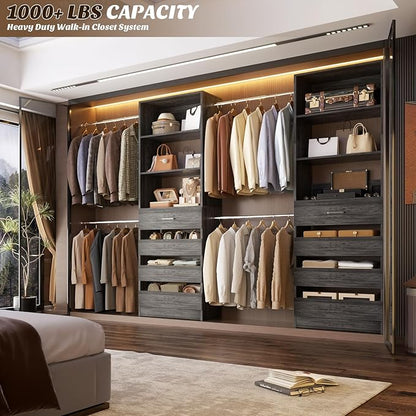 Aheaplus Closet System, 4-9 Ft Closet Organizer with 4 Wooden Drawers, Wood Closet Organizer System with Tower, Walk-in Closet Organizer Wardrobe Clothes Rack with 4 Hanging Rods, Black Oak