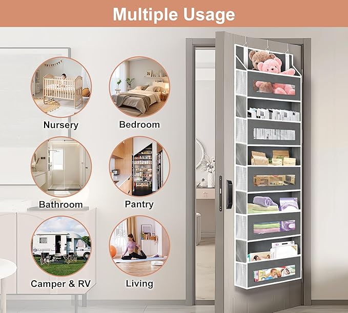 3 Packs 5-Tier Over the Door Storage Organizer with 10 Side Mesh Pockets, 48 lbs Load Capacity, 3 Hooks Design, Hanging Organizer with Clear Windows for Bathroom, Bedroom, Nursery, Kitchen-Grey