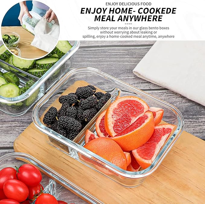 KOMUEE 10 Packs 30oz Glass Meal Prep Containers 2 Compartments,Glass Food Storage Containers with Lids,Airtight Lunch Bento Boxes,Oven,Freezer and Dishwasher Safe, White