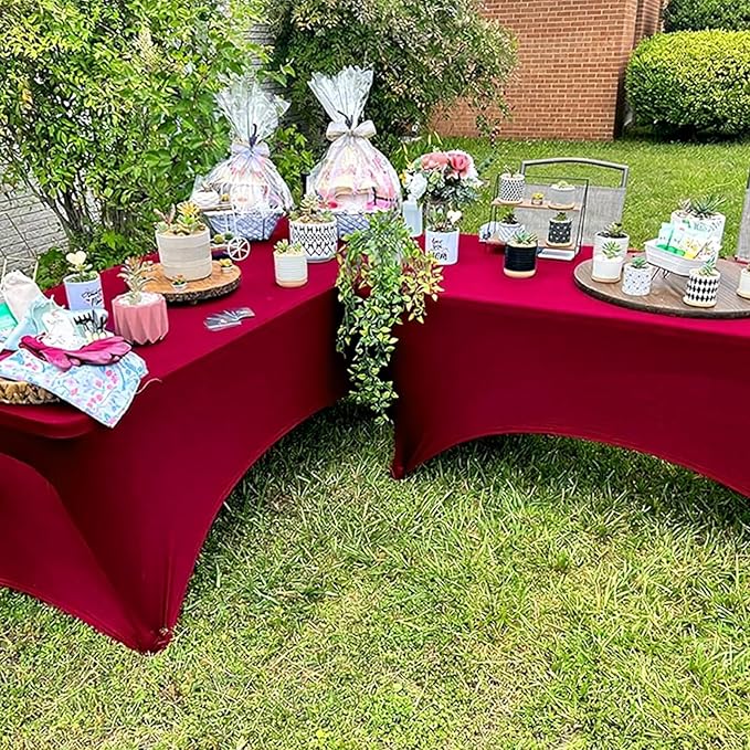 Trlyc 2 Pack 4FT Spandex Table Cloth - 48 x 30 Inch Rectangular Stretch Tablecloth, Wrinkle Resistant Scretch Table Cover for Wedding, Party, Banquet, Picnic, Outdoor Decoration (2Pcs,Burgundy)