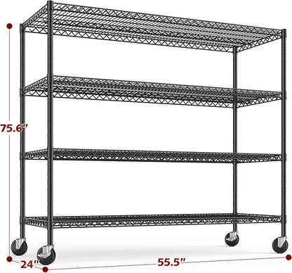REIBII 55.5''W Storage Shelves 2500LBS Wire Shelving Unit with Wheels Heavy Duty Metal Shelves for Storage Adjustable Garage Storage Rack Pantry Shelf Kitchen Shelving, 75.6" H X 55.5''W X 24" D, 3PCS