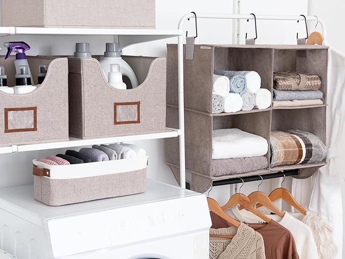 StorageWorks Hanging Closet Organizer with Metal Rod, 4-Section Closet Organizers and Storage, Collapsible Hanging Shelves for Baby Clothes, Shoes, Sweater Storage, Brown and Beige