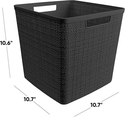 Curver Set of 4 Jute Large Cube Decorative Plastic Organization and Storage Baskets, Perfect Bins for Home Office, Closet Shelves, Kitchen Pantry and All Bedroom Essentials, Black
