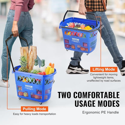VEVOR Shopping Carts with Handles, 6PCS, 39L Plastic Rolling Shopping Basket with Wheels, Large Portable Shopping Basket Set for Supermarkets, Retail Stores, Grocery Shopping, Blue
