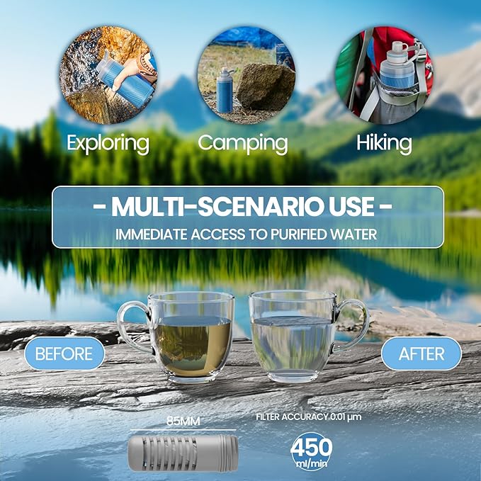 Collapsible Water Bottle with Filter for Travel,Portable Water Filter Camping,Water Purifier Bottle for Camping Hiking Cycling Outdoor Sports,Mountain Blue