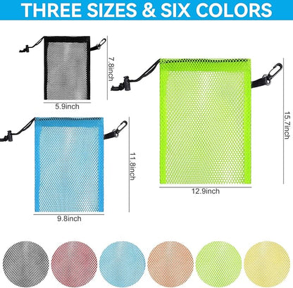 12 Pieces 6 color Mesh Bags with Clips Nylon Mesh Bag Mesh Drawstring Stuff Bag with Cord Lock for Collecting Toys Laundry Sports Gym Beach Travel