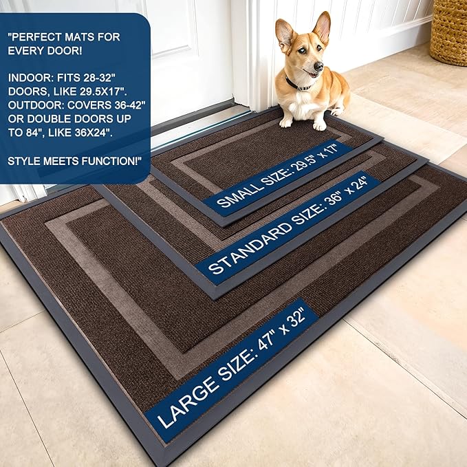 OLANLY Front Door Mat Indoor Outdoor Entrance, Waterproof All-Season, All-Weather Doormat, Sturdy Natural Rubber, Fade Resistant, Low Profile, Easy Clean Patio Porch Entryway Mat, 59x35, Dark Brown
