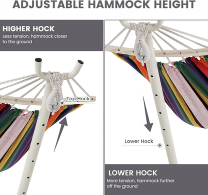 LazyDaze Hammocks Double Hammock with Stand - 2 Person Heavy Duty Outdoor Hammock for Adults, Includes Durable Steel Stand, Portable Carrying Bag and Pillow, Red Purple