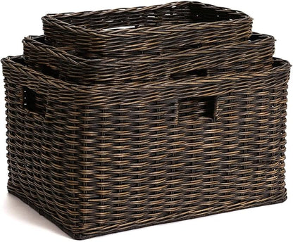 The Basket Lady Tall Rectangular Wicker Storage Basket, Small, 16.5 in L x 10.5 in W x 10.5 in H, Antique Walnut Brown