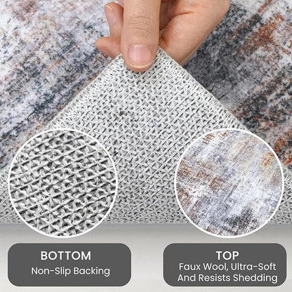 IOHOUZE Abstract Area Rugs 8x10 Ft Washable Large Rugs for Living Room, Non Slip Dining Room Rug, Printed Faux Wool Rugs for Bedroom, Floor Carpet for Office Nursery Playroom, Orange Grey