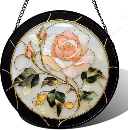 Stained Glass Window Hanging - Black White Pink Rose Sun Catcher for Door Home Decor Flower Suncatcher Christmas Mother's Day Birthday Gifts for Women Men Lovers Mom Nana 15 in