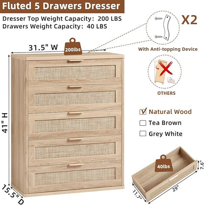 LEYAOYAO Rattan Dresser for Bedroom, 41" Tall Chest of Drawers, Modern 5 Drawers Boho Dressers with Storage, Light Oak Dresser Wooden Closet Organizer for Living Room, Hallway, Natural Wood
