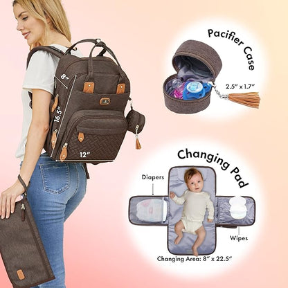 Dikaslon Diaper Bag Backpack with Portable Changing Pad, Pacifier Case and Stroller Straps, Large Unisex Baby Bags for Boys Girls, Multipurpose Travel Back Pack Moms Dads, Brown