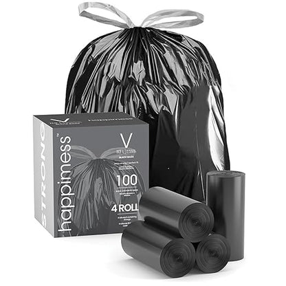 happimess HPM3000V-BLACK 30 Gallon Drawstring Unscented Trash Can Liner for Business Home Kitchen Commercial and Industrial Black (100-Count, 4-Rolls of 25 Liners)