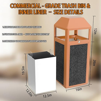 Commercial Metal Outdoor Trash Can with Lid, Lockable Outdoor Garbage Can with Nature Stone Panels, Heavy-Duty Rustproof Trash Bin with Removable Liner for Parks & Public Spaces