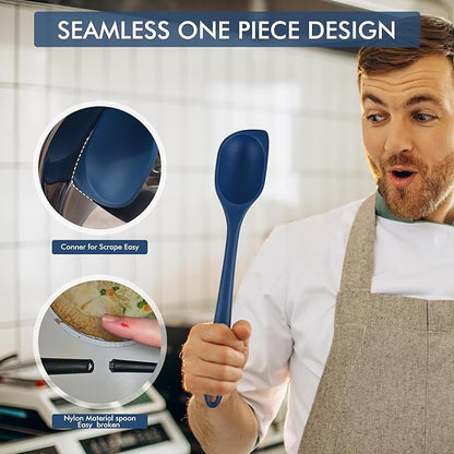 HOTEC 446°F Heat Resistant Silicone Cooking Spoon Spatula, BPA Free Large Kitchen Solid and Slotted Spoons for Mixing, Serving, Scraping, Non-stick, Dishwasher Safe Classic Blue 12.5inch