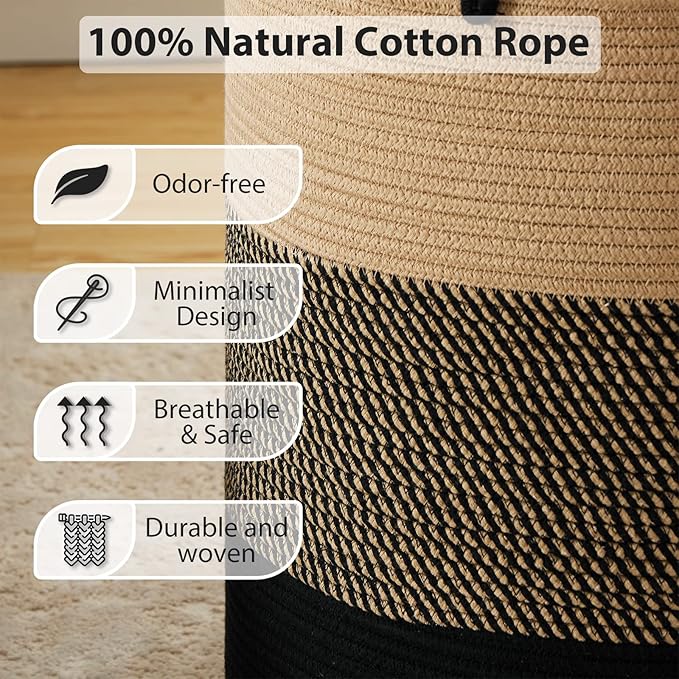 Fiona's magic 58L Large Woven Laundry Hamper, Tall Cotton Rope Laundry Basket, Boho Storage Basket for Blankets, Toys and Clothes Hamper for Bedroom and Living Room Organizing, Brown & Black