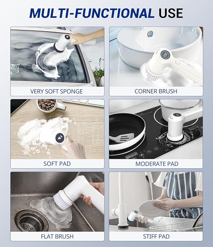 AIRSEE Cordless Electric Spin Scrubber, Handheld Power Shower Cleaner Brush, 2 speeds, 6 Replaceable Brush Heads for Cleaning Floor, Window, Bathroom, Kitchen, for Elderly & Busy Family