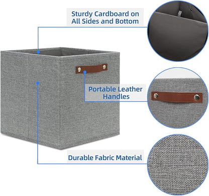 Temary 12x12 Storage Cube Bins 4 Pack Fabric Storage Cubes Storage Bins with Leather Handles, Storage Baskets Foldable Cube Organizers Bins for Home (Grey)